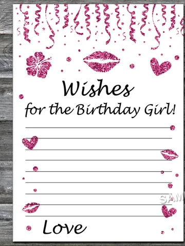 Pink glitter Wishes for the birthday girl,Adult Birthday party game-fun games for her-Instant download $1.75