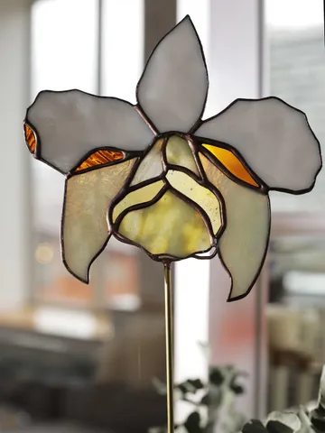 Orchid. Stained Glass on Stand, Stained Glass Orchid on Stand, Orchid Stained Glass Artwork, Orchid Stained Glass Sculpture, Stained Glass Orchid Design on Stand, Orchid Glass Art on Stand, Stained Glass Orchid Piece, Stained Glass Orchid Figurine, Artist $111.00