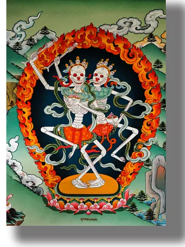 Tibetan deities of Citipati. Oriental tangka with the lords of cemeteries. $21.00