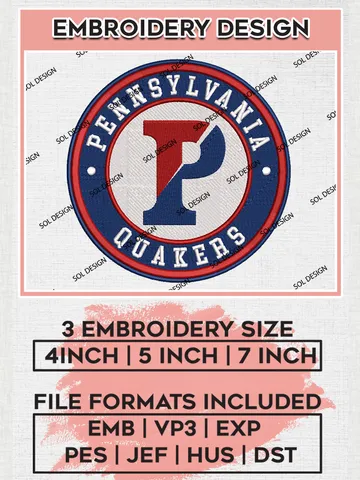 NCAA Pennsylvania Quakers Round Logo Embroidery, NCAA Pennsylvania Quakers Embroidery Design files, NCAA Teams, NCAA Machine embroidery designs, Digital Download
