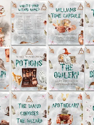 11 WIZARD SIGNS Wizard Baby Shower; Magic School Baby Shower template; The Owlery; The wand chooses the Wizard; Hats and Brooms; ms7 $16.26