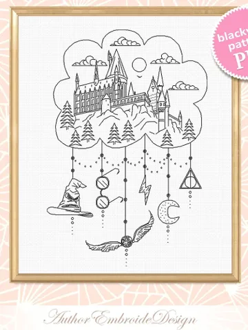 Magic castle blackwork patterns PDF Wizard school cross stitch chart, Dreamcatcher hand embroidery PDF download, Fandom cross stitch #W15 $4.80