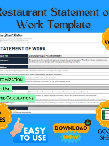 Restaurant Statement of Work Template, SOW Agreement Form, Restaurant Work Scope Document, Google Sheets Contract Template $6.90