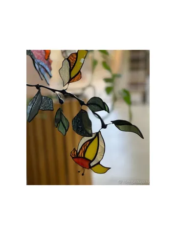 Physalis. Tiffany-Style Stained Glass Composition, Physalis Stained Glass Arrangement, Physalis Tiffany Glass Composition, Handcrafted Physalis Art Glass Branch, Decorative Tiffany-Style Physalis Stem, Glass Physalis Flowers on Metal Branch