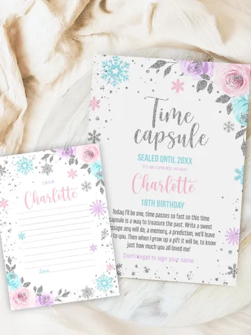 Winter Onederland Time Capsule and Matching Note Card Pink Purple Winter Onederland 1st Birthday Girl Decorations, Editable Template i098 $7.00