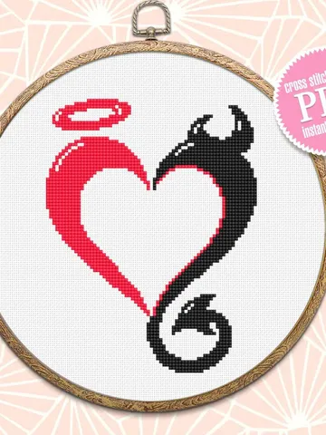 Heart cross stitch pattern download PDF Funny Valentine stitch, Heart ornament cross stitch chart, Angel and demon pattern PDF #T12 $3.20