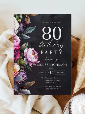 80th Birthday Invitation for women – Moody Burgundy & Blush Peony Floral Invitation, Elegant Dark Men Birthday Party Invite Canva Template $7.00