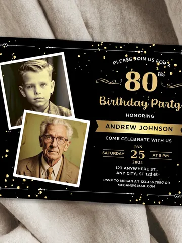 80th Birthday invitation with Photo | Adult Birthday Photo Invite | Mens birthday Black Gold landscape invitation card | Canva template $7.00