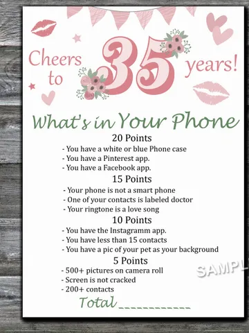 35th Birthday What's in Your Phone Birthday Party Game,Adult Birthday party game-fun games for her-Instant download $1.50
