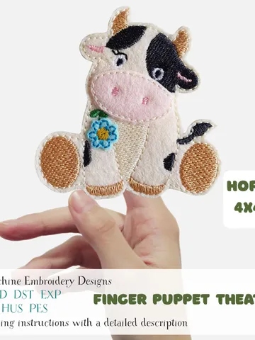 Cute Cow Finger Puppet Machine Embroidery Design ITH 4x4 Hoop. DIY Farm Animal Digital File. Kids Puppet Theater Pattern Instant Download $3.00