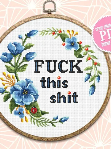 Framed quote Fuck This Shit cross stitch pattern download PDF Flower wreath cross stitch chart, Funny adult cross stitch DIY home decor #Q14 $4.60