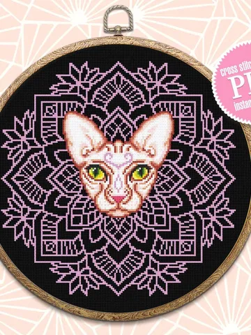 Mandala cat cross stitch pattern download PDF, Sphynx cat cross stitch chart, Easy mandala pattern digital PDF, Modern beginner stitch #M129 $4.60