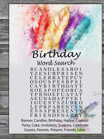 Tribal Feather Birthday Word Search Game,Adult Birthday party game-fun games for her-Instant download