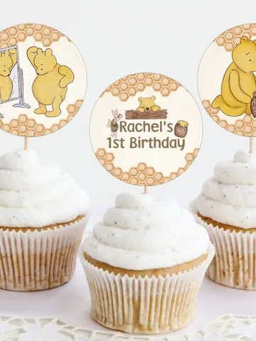 Editable Cupcake Topper Label Winnie the Pooh; Winnie the Pooh 1st Birthday; Printable Cupcake Topper; Winnie Pooh Party Decoration; hc12 $10.45