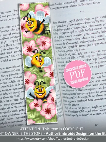 Bookmark kawaii cross stitch pattern PDF Handmade bookmark flowers embroidery beginners Nature xstitch chart Cute bees cross stitch #B34 $4.40