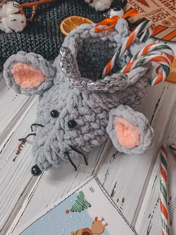 Crochet basket boot mouse, gray plush interior storage, gift wall hanging $42.00