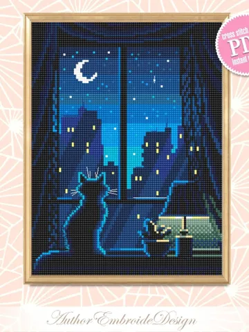 Silhouette cat cross stitch pattern PDF download Cute kitten cross stitch chart, Window with night cityscape pattern, Moon cross stitch #K14 $4.60