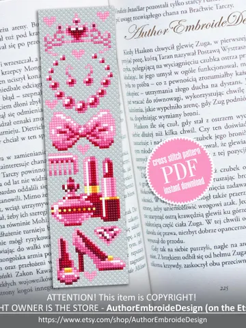 Fashion bookmark cross stitch pattern PDF download Women accessories cross stitch chart, Needlepoint bookmark pattern digital for girl #B452 $4.40