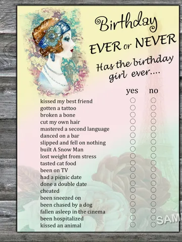 Vintage themed Birthday ever or never game,Adult Birthday party game-fun games for her-Instant download $1.75