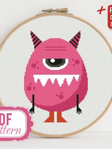 Cross stitch pattern Funny Pink Monster Cross stitch pattern Kids Monster PDF Format Instant Download Home decor Modern $4.29