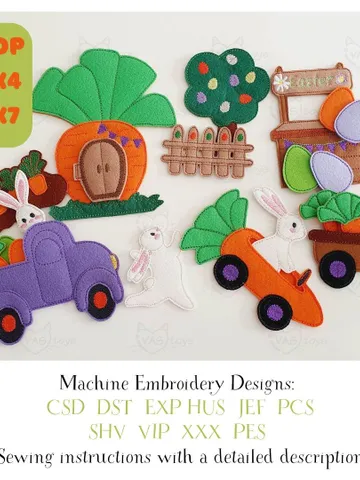 ITH Easter Bunny Play Set Embroidery Design, Felt Farm Rabbit Carrot Car Pattern, 4x4 & 5x7 Hoop Digital File $20.00