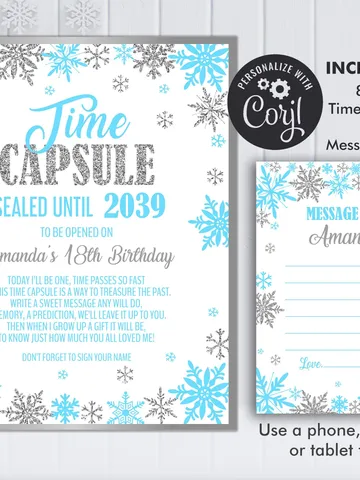 Winter Onederland Time Capsule and Matching Note Card Blue Silver Winter Onederland 1st Birthday Boy Decorations, Editable Template $7.00