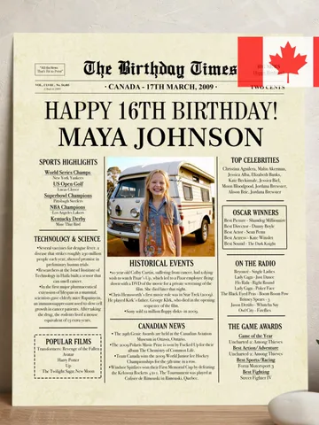16th Birthday Newspaper Poster Sign, Sweet 16 Birthday Poster CANADA, 16 Years Ago Back in 2009, 16th Birthday Gift, Sweet 16 decoration $15.00