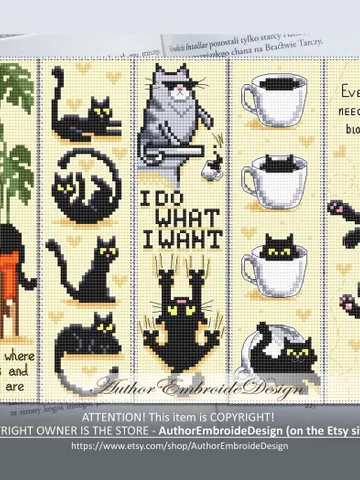 Cat Bookmark set cross stitch pattern download PDF Black cat cross stitch chart, Cat quotes, Bookmark pattern digital, Cat lover gift #B323 $17.45