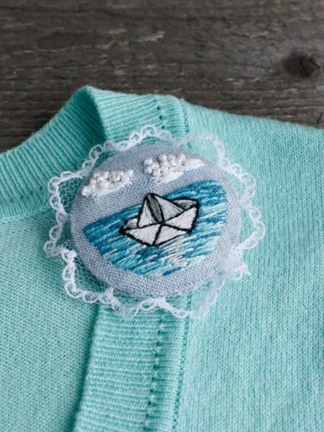 Handmade origami brooch with lace Paper boat pin Handmade blue ocean theme brooch pin Coastal wearable art cloth jewelry