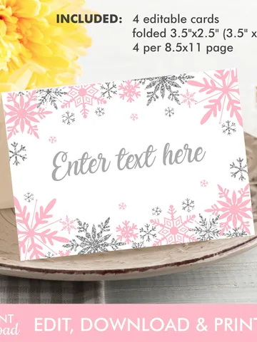 Winter Onederland Food Card, Winter Tent Card, Place Cards Table Card, Winter Onederland Birthday Girl Decorations Pink Silver Editable $4.00