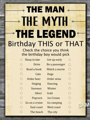 The man The myth The legend This or That birthday game,Birthday Games for Him,Adult Birthday Games $1.75