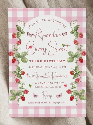 Editable Strawberry 3rd Birthday Invitation Berry Sweet Strawberry Picking 4th Birthday Invite Invites Canva Instant Download i115 $7.00