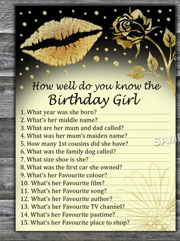 Gold Glitter Lips How well do you know the birthday girl,Adult Birthday party game-fun games for her-Instant download $1.75