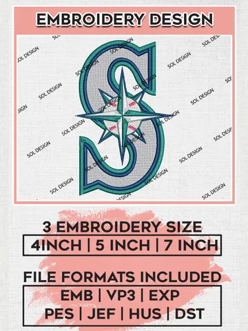Seattle Mariners Logo Embroidery Design Files, MLB Seattle Mariners Team Embroidery, MLB Teams, 3 sizes, MLB Machine embroidery designs, Digital Download $6.99