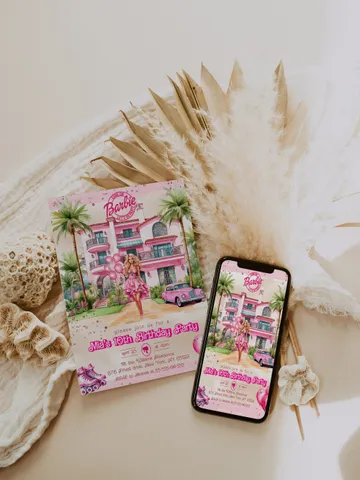 Doll Party Birthday Invitation; hot pink doll party birthday invitation editable template; cute doll girl birthday party bar12 $12.78