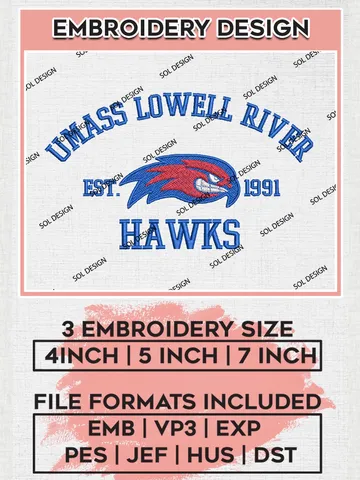 UMass Lowell River Hawks Est 1991 Logo Embroidery Designs, NCAA UMass Lowell River Hawks Team Embroidery, NCAA Team Logo, 3 sizes, Machine embroidery Files, Digital Download $6.99