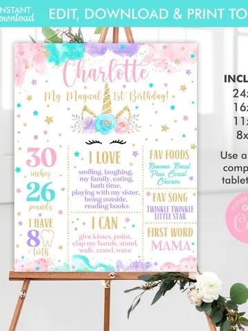 Unicorn 1st Birthday Sign, Unicorn Milestone Birthday Poster, Girl Unicorn Birthday Board, Instant Download Editable Template Digital File $11.00