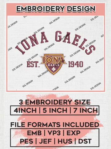 Iona Gaels Est 1940 Embroidery Designs, NCAA Iona Gaels Team Embroidery, NCAA Team Logo, 3 sizes, Machine embroidery Files, Digital Download $6.99