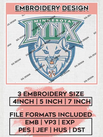 WNBA Minnesota Lynx Basketball Logo Embroidery Files, WNBA Minnesota Lynx Team Embroidery Designs, WNBA Basketball Teams, 3 sizes, Machine embroidery designs, Digital Download $6.99