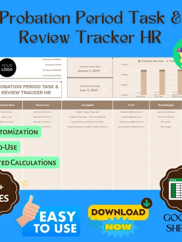 Probation Period Task & Review Tracker HR Template, Editable Google Sheets, Employee Performance Management Tool $9.66