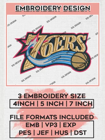 NBA 76ers Embroidery Designs, NBA Philadelphia 76ers Logo Embroidery, Basketball Team Logo Embroidery Files, NBA Team, 3 sizes, NBA Machine embroidery Files, Digital Download $6.99