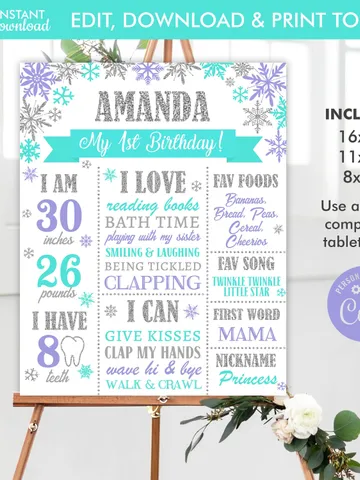 Winter Onederland 1st Birthday Sign, Winter Onederland Purple Turquoise Decorations Milestone Birthday Poster Editable Template Digital File $11.00