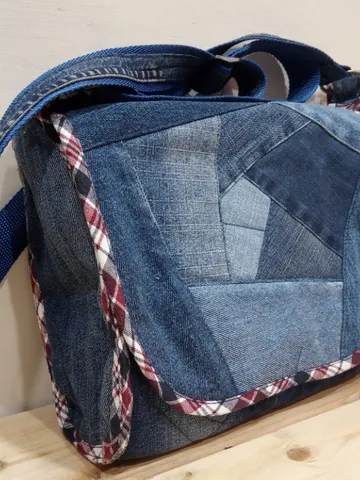 Denim original bag with a flap in the style of crazy patchwork made of eco-friendly material handmade $50.00