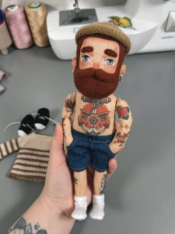 Textile doll cool bearded man with brown beard $220.00