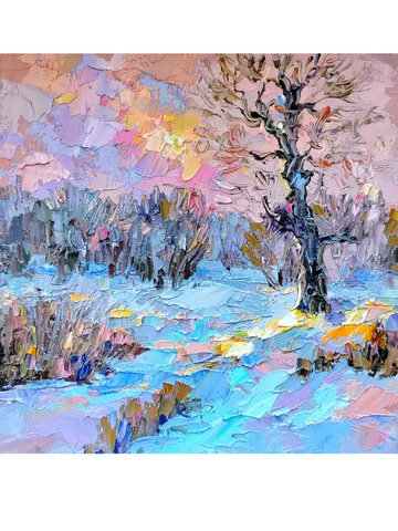 Winter Landscape "Pink Evening"Oil Painting Original Art Impasto Artwork Canvas Painting 8 by 8 inches by Natalia $120.00