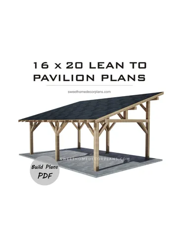 DIY 16 x 20 lean to pavilion plans pdf. Detached carport plans. Wooden covered gazebo outdoor plans. Timber frame backyard garage plans. $16.90