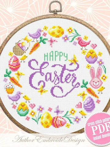 Easter wreath cross stitch pattern PDF download Happy Easter cross stitch chart, Pastel Easter pattern digital PDF, Easter wall decor #T32 $4.50