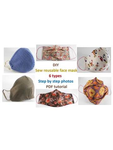 Sew reusable face mask for adults,6 types,face mask patterns,Step by step photos,PDF tutorial,Instant Download,Suitable for sizes S-M-L $3.00