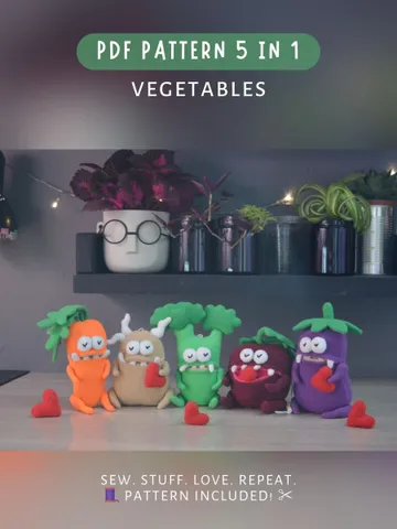 Vegetable Plush Toy Set – 5 PDF Patterns. Fleece Softies $44.00