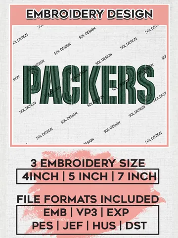 Green Bay Packers Wordmark Logo Embroidery Designs, NFL Packers, NFL Embroidery Designs, NFL Green Bay Packers Machine Embroidery Design, Digital Download
